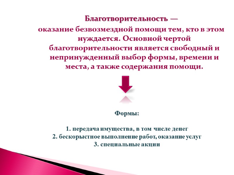 Благотворительность —  оказание безвозмездной помощи тем, кто в этом нуждается. Основной чертой благотворительности
